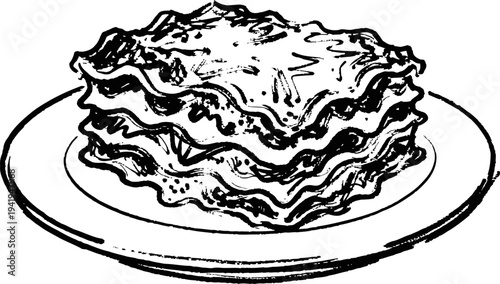 Lasagna slice served on a plate with layers of pasta, sauce, cheese, and filling in sketch