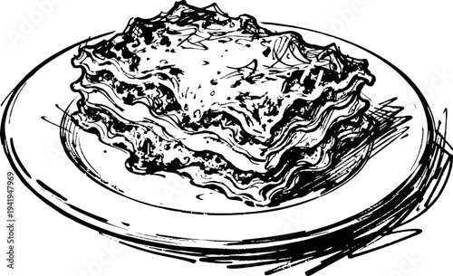 Hand drawn lasagna slice on plate with detailed layers of pasta, sauce, and cheese illustration