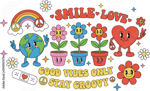 Colorful cartoon illustration with smiling Earth, flowers, heart character, peace symbols, rainbow, stars, and uplifting text promoting happiness, love, positivity, peace, and good vibes