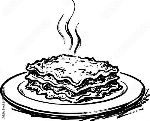 Hot lasagna served on a round plate with steam rising, hand drawn sketch illustration