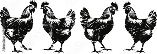 four black silhouette roosters standing in pairs facing each other on white background
