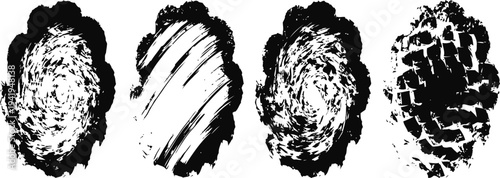 black ink brush strokes and textured grunge spots set on white background abstract artistic paint splatters and rough shapes collection