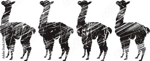 Four abstract giraffes silhouette art with chalkboard texture on white background