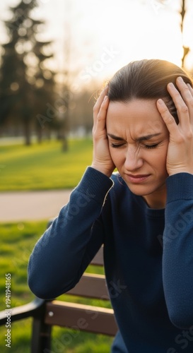 Woman with headache holding her head in pain. Stressed girl suffering from migraine or emotional distress sitting on bench outdoors. Concept of mental health issue and feeling unwell.