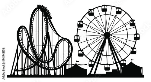 An amusement park scene featuring a rollercoaster and ferris wheel in dark silhouette high quality professional
