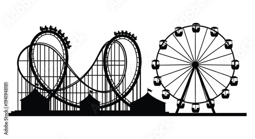 A striking black silhouette depicts a fairground with a rollercoaster and ferris wheel silhouette high quality