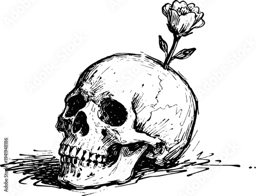 Human skull with blooming flower growing from the top, symbolizing life and death contrast