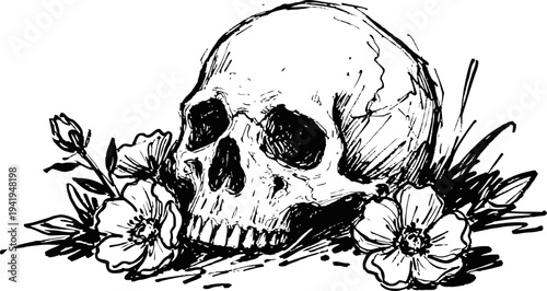 Illustrated human skull surrounded by blooming flowers and foliage in black ink drawing
