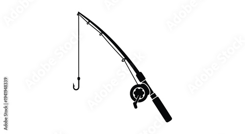 A minimalist depiction of a fishing rod and tackle presented as a striking silhouette high quality