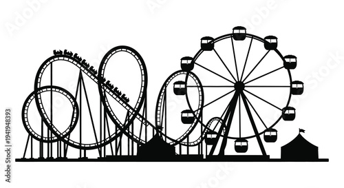 Amusement park rides including a roller coaster and ferris wheel in black silhouette high quality professional
