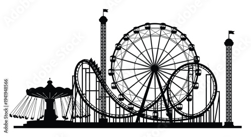 A striking black silhouette showcases a bustling amusement park with rides and attractions silhouette high quality