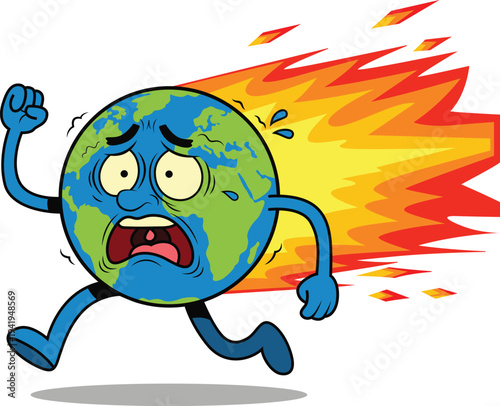 Global Warming Cartoon Earth Character – Climate Change Environmental Crisis Vector Illustration