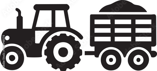 Farm Tractor With Cargo Trailer Black Silhouette Agricultural Transport Icon Vector