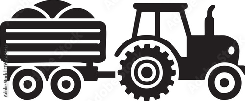 Farm Tractor With Cargo Trailer Black Silhouette Agricultural Transport Icon Vector