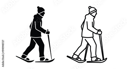 Two skiers in winter clothing depicted in a stark silhouette