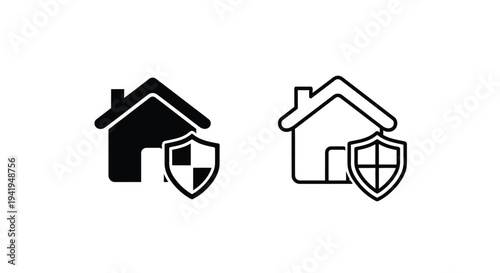Two house icons with shields one filled and one outlined silhouette