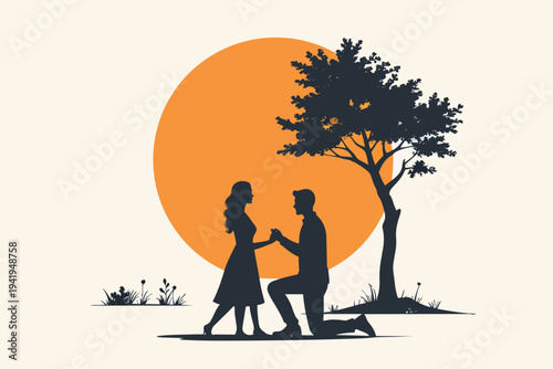 A silhouette of a happy family with a child walking through a forest landscape under a sunset sky in summer