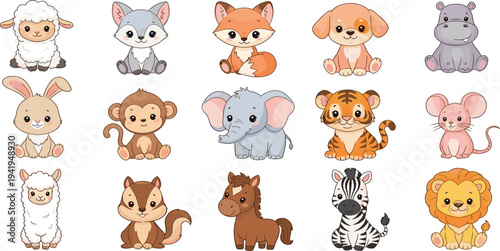 Cute Animal Sticker Set Featuring Sheep, Fox, Elephant, Tiger, Lion, Monkey, and More for Kids' Design