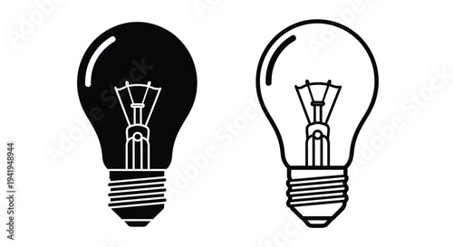 Two lightbulbs one filled and one outline in black and white silhouette