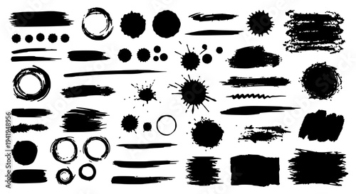 Brush strokes set with black texture grunge effects and splatters featuring splats, paint splashes, ink blots with