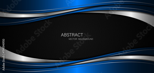 Abstract blue and silver curves with silver lines on dark steel mesh background. with free space for design. modern technology innovation concept background