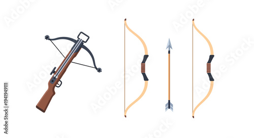 Crossbow and traditional bow with arrow: modern and classic archery equipment