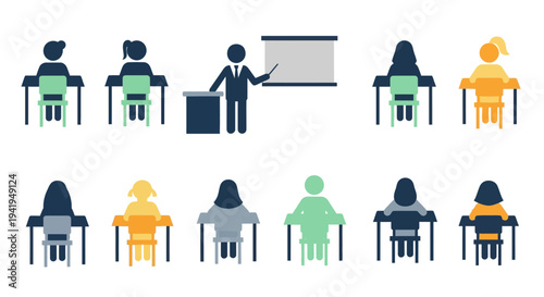 Flat design classroom scene with teacher and students in colorful chairs
