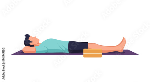Relaxation pose: character resting on yoga mat with block