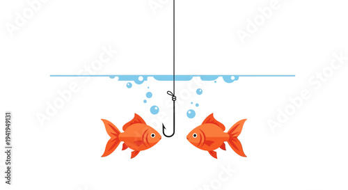 Two goldfish facing hook underwater with bubbles in minimalist style