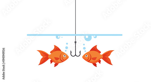 Two goldfish confronting a hook underwater