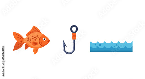Colorful fish, hook, and water waves icon set on white background