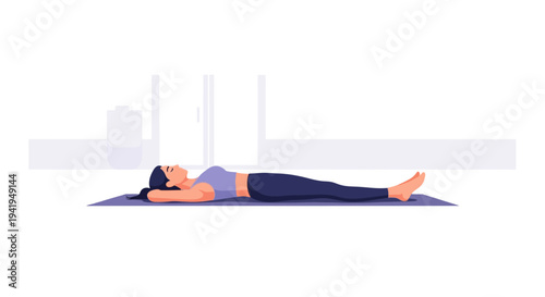 Relaxed woman in flat design practicing yoga nidra at home on a mat