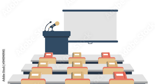 Flat design classroom with lecture podium and presentation screen
