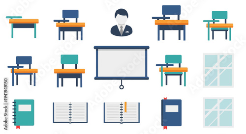 Flat design classroom elements with desks and educational tools