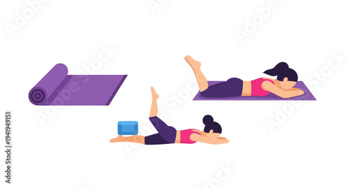 Yoga poses and equipment with female characters in flat design style