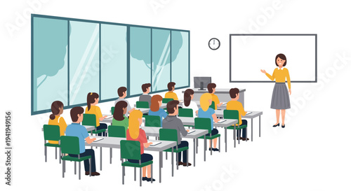 Interactive classroom scene with teacher and attentive students