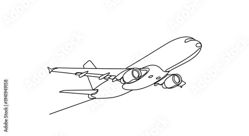 Minimalist continuous line drawing of an airplane in flight silhouette