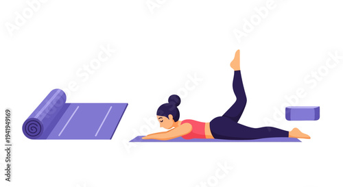 Woman practicing yoga on mat with pilates block in modern flat design