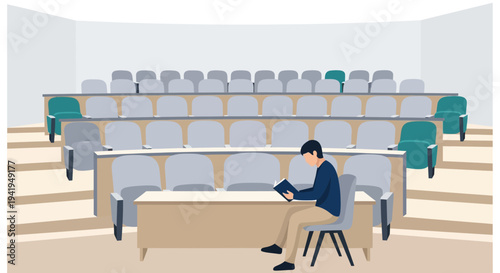 Student reading alone in an empty lecture hall with tiered seating