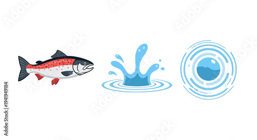 Colorful fish and water splash icons with abstract design elements