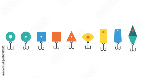 Colorful geometric fishing hook icons in flat design