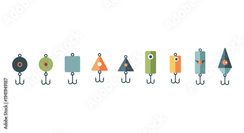 Flat design colorful fishing hooks collection for modern angling graphics