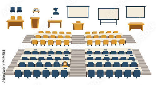 Isometric lecture hall setup with seating arrangement and presentation equipment