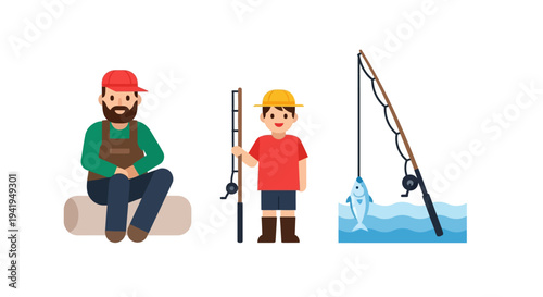 Father and son fishing adventure with cartoon fish and rods