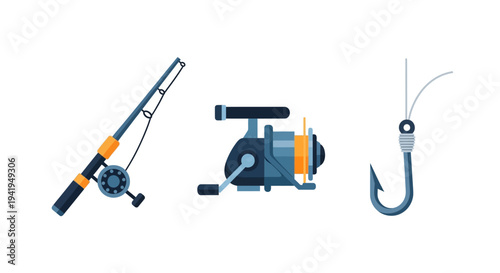Fishing gear icons: rod, reel, hook in modern flat design