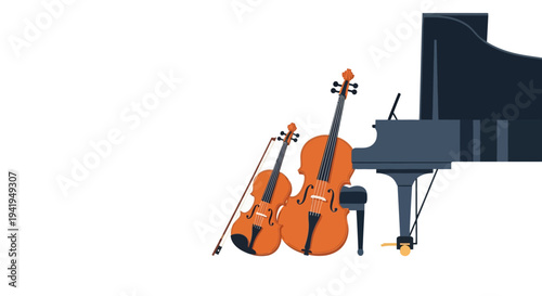 Elegant musical instruments with cello and grand piano on a minimalistic background