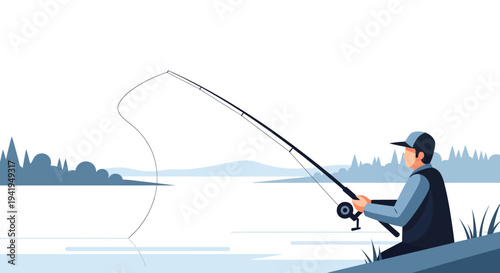Man fishing by serene lake in simplistic flat art style