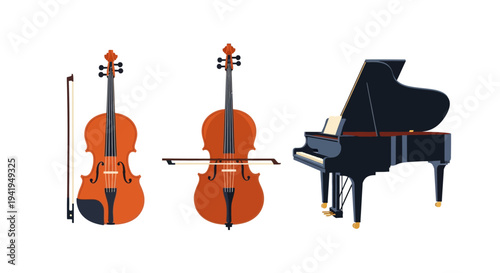 Elegant musical instruments set with cello and grand piano on white background