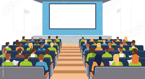 Audience watching presentation in modern auditorium with large screen