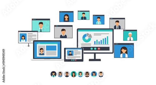 Remote work and virtual meeting concept with diverse team on digital devices